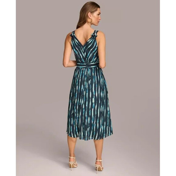 Donna Karan New York Women's Printed Belted A-Line Dress Teal Navy Midi Dress 12 - Picture 2 of 11